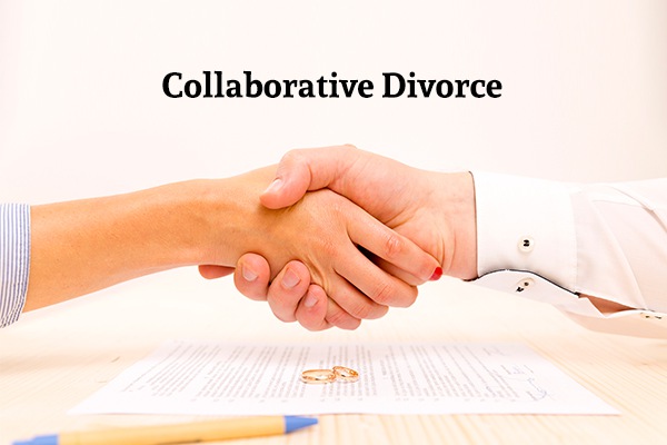 Two hands shaking over a table with a document, two wedding rings, and a pen under the words "Collaborative Divorce"