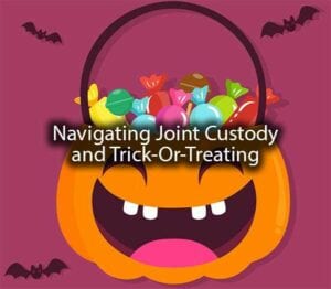A pumpkin bucket with the words, "navigating joint custody and trick-or-treating."
